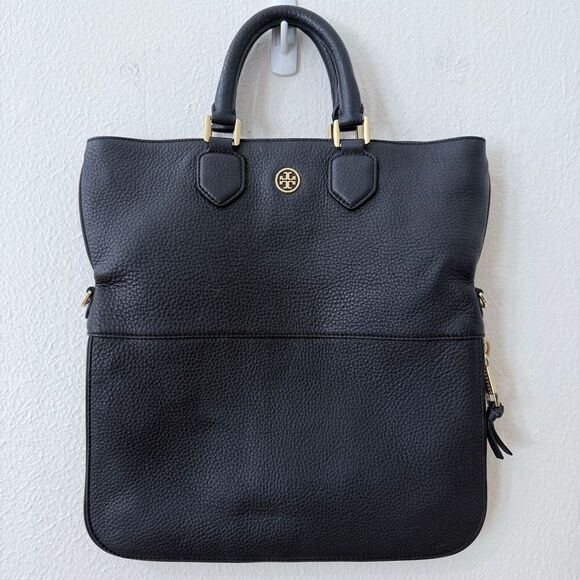 Tory Burch Fleming Two Way Pebbled Black Leather Shoulder Bag Purse Gold Hardwar - Picture 5 of 11